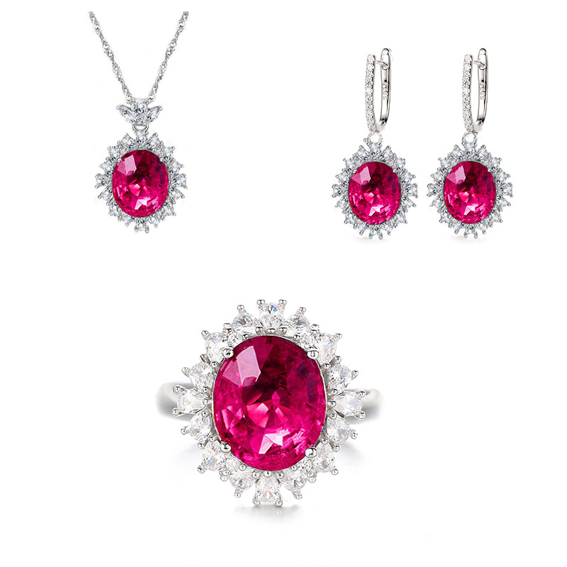 Luxury Pigeon Blood Ruby Three-Piece Jewelry Set S925 Sterling Silver Diamond Necklace, Earrings, and Ring for Women Elegant Fashion Gift