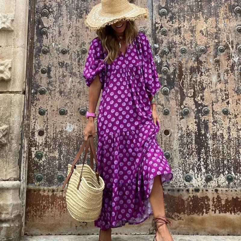 Summer Women Dresses Floral Print Ruffles Boho V-neck Puff Sleeve Casual Loose Beach Dress Half Sleeve Holiday Maxi Long Dress 250519