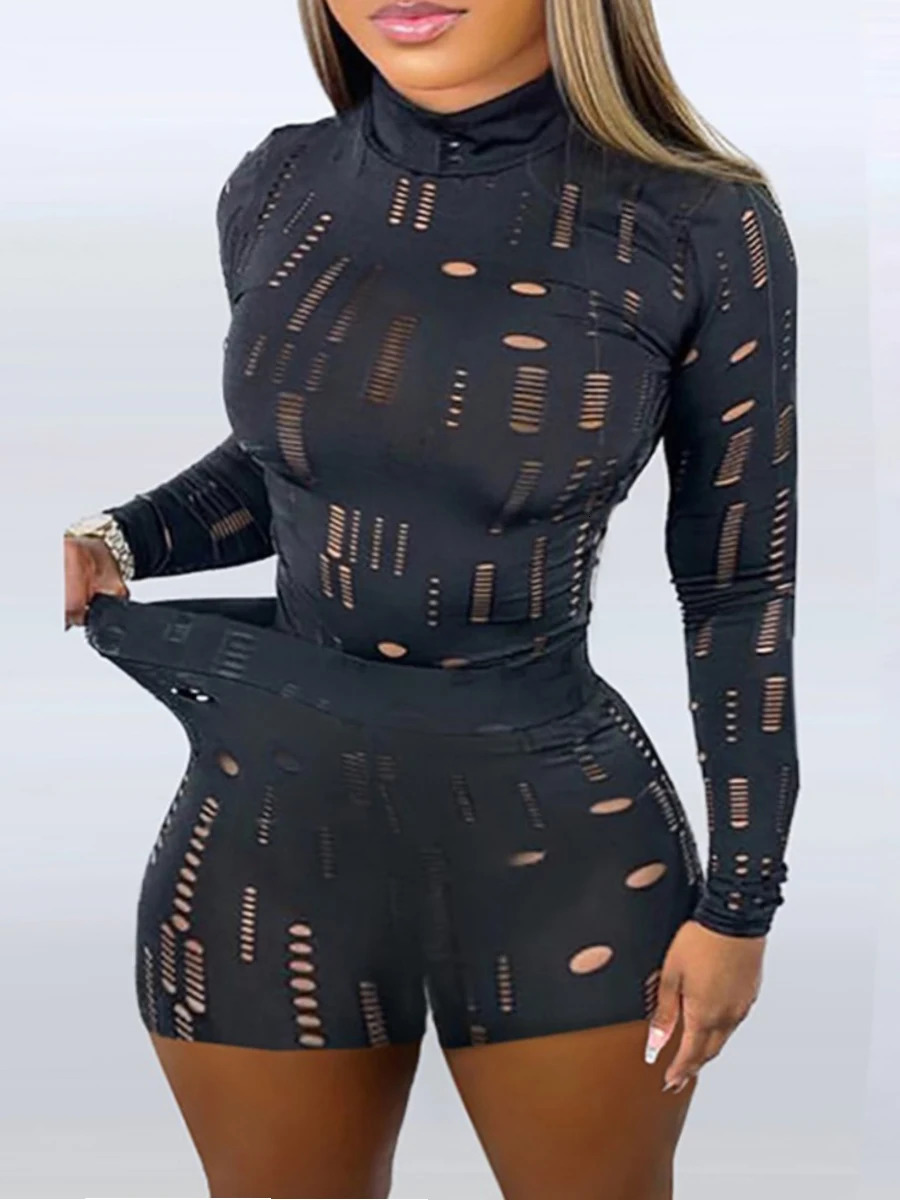 LW Plus Size Shorts Set Pierced Stretchy Sexy Women Casual O Neck Sheath Summer Vestidos Matching Outfits 250513Z