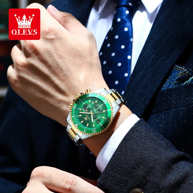 OLEVS 2870 Mens Watches Moon phase Steel Calendar Chronograph Original Quartz Watch Big Rota Dial Sports Wristwatches 250603