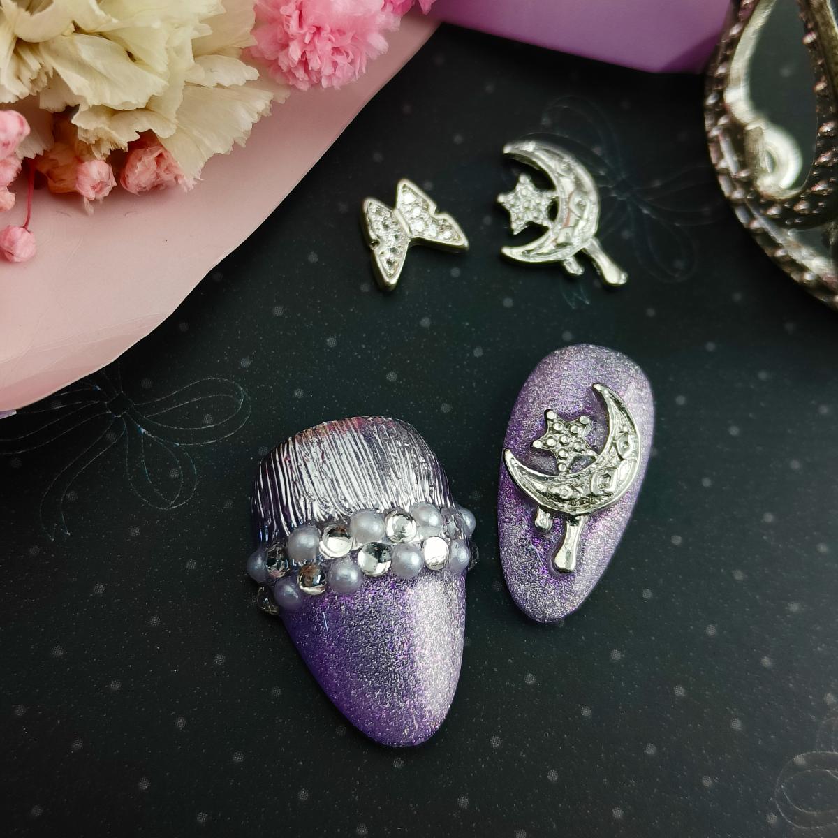 10pcs 3D Hand drawn Handmade Press-on nail Short Almond Nails Bundle 3D Moon Star Pearl Sweet Elegant Finished nail stickers Free storage box jelly gl