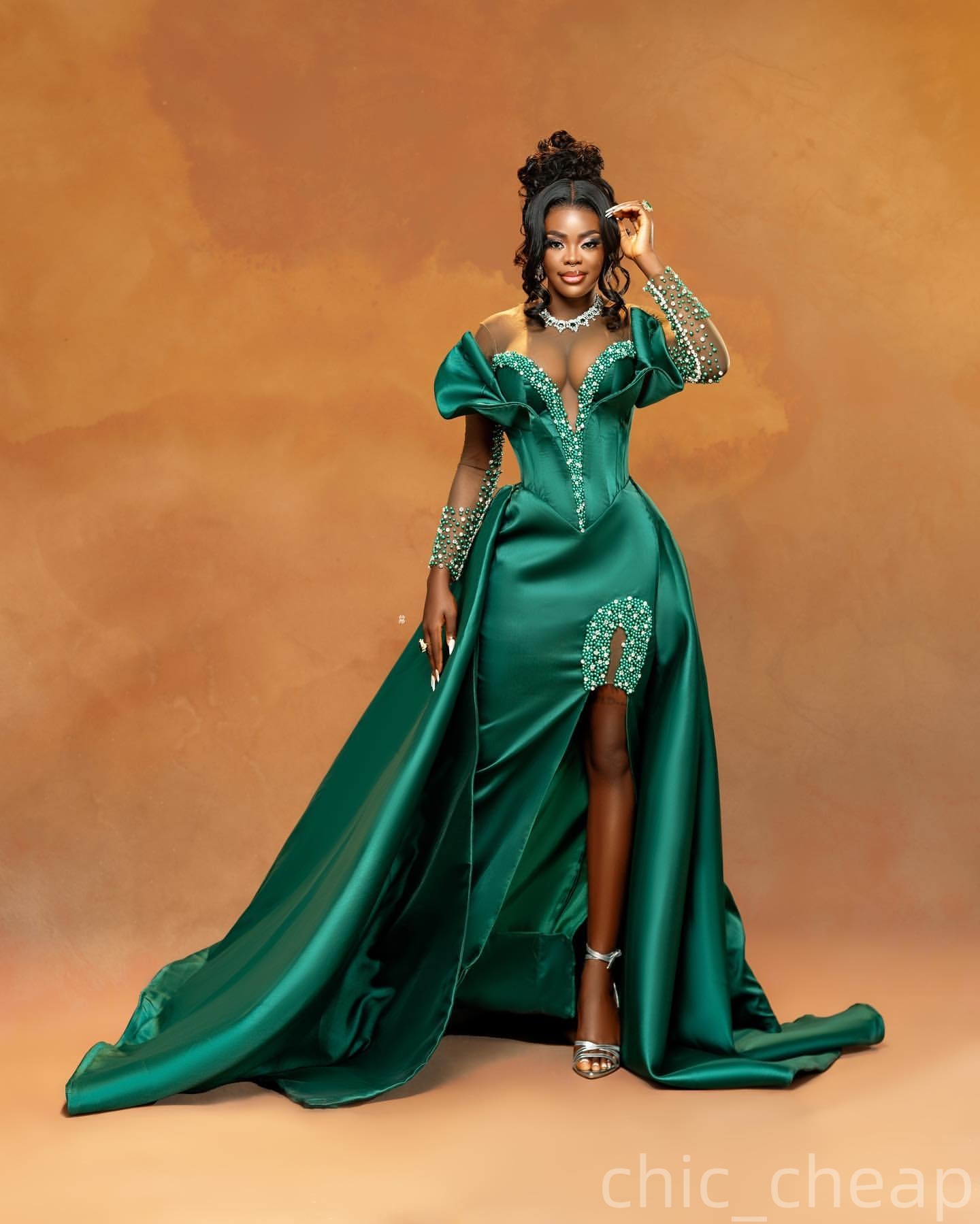 Dark Green Mermaid Prom Dresses 2025 Crystals Pearls Satin High Split Evening Formal Party Second Birthday Engagement Gowns Plus Size Dress For Specia