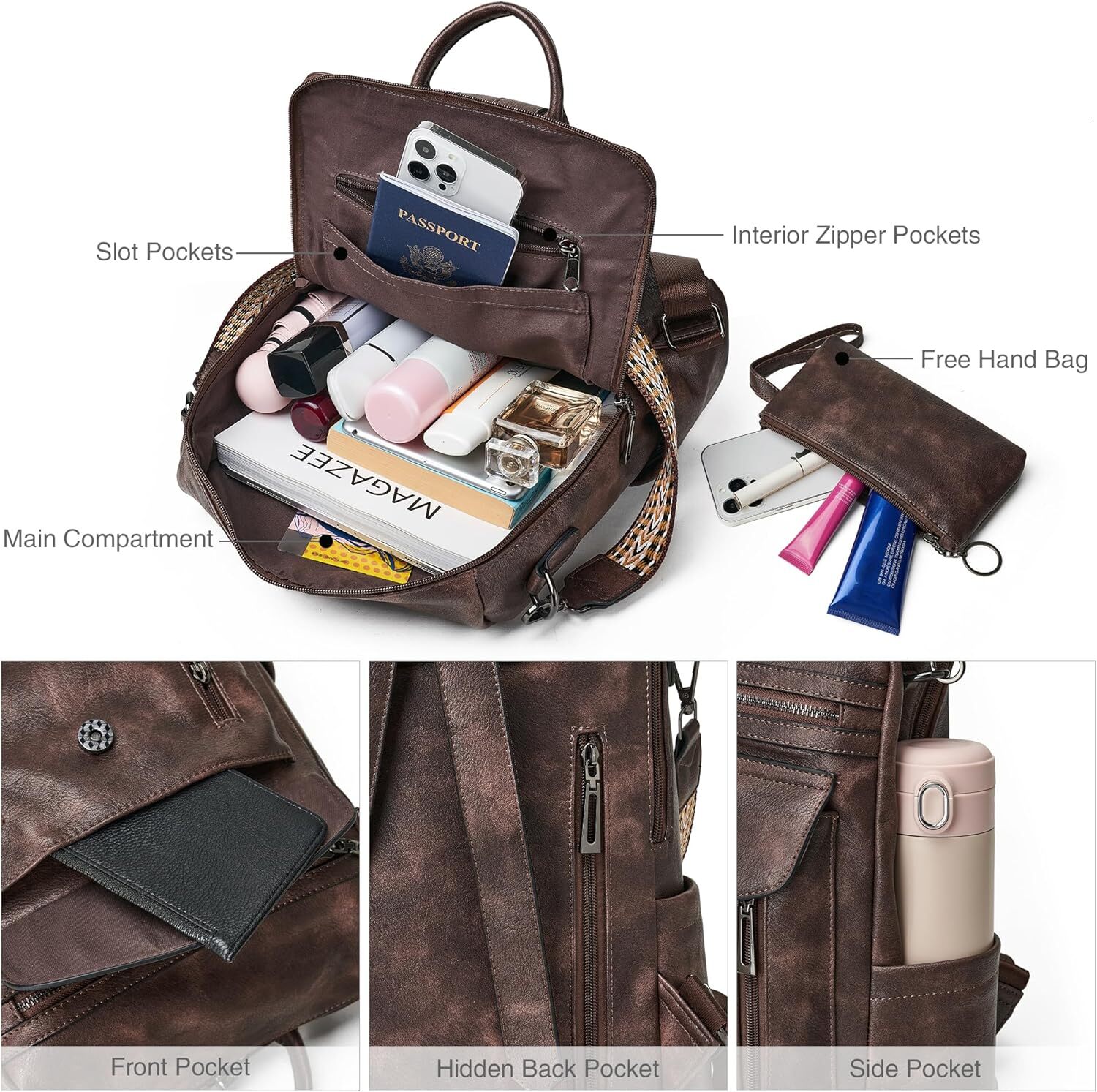 Shrrie Women's Fashion Leather Wallet Designer Shoulder Bag, 1-3 Two tone Coffee, Travel Backpack
