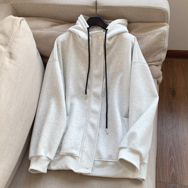 DO17016 Zipper Loose Hooded Solid Color Cardigan Couple Sweater Jacket Women