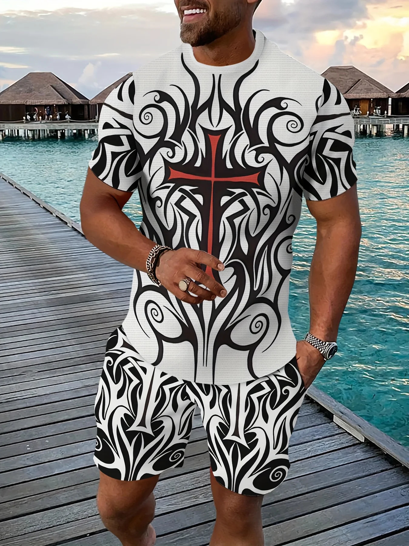 The 2025 summer mens suit 3D printed comfortable soft casual and fashionable polyester wear 250614