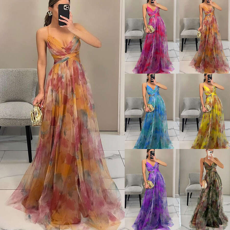 Maxi Dress Spring Summer New Mesh Printed Strap INS Holiday Leisure Party Dress Floral Dress