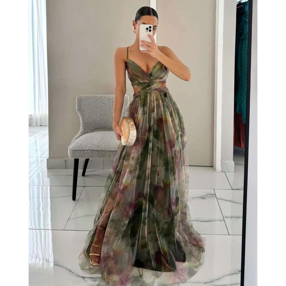Maxi Dress Spring Summer New Mesh Printed Strap INS Holiday Leisure Party Dress Floral Dress