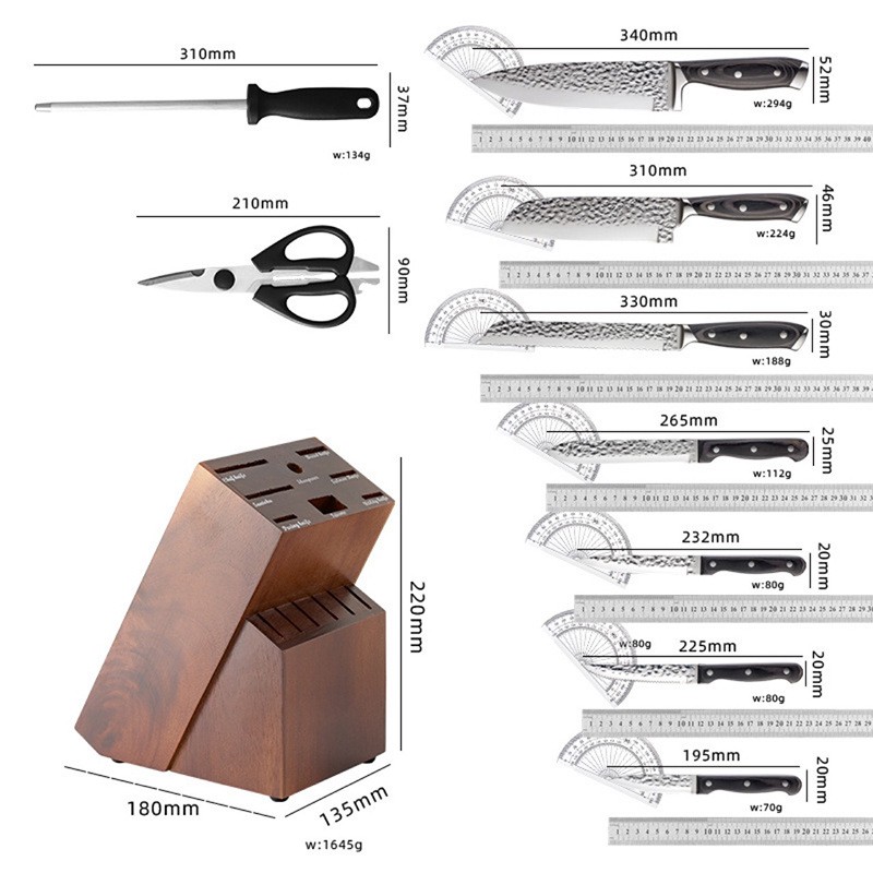 Automatic sharpening high-carbon stainless steel knife set of 15 pieces - includes wooden knife rack and steak knife