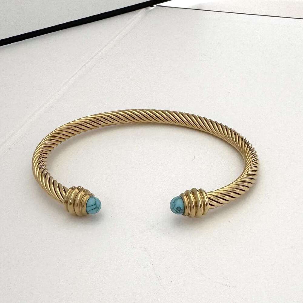 14K Gold Plated Adjustable Twist Stainless Steel Cable Wire Turquoise Charm Bracelets Friendship Open Bangle Wrist Cuff for Women Men