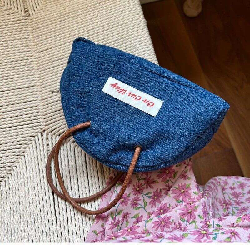 Cute Niche Half-Round Leather Strap Handbag Zipper Storage Student Denim Tote Bag