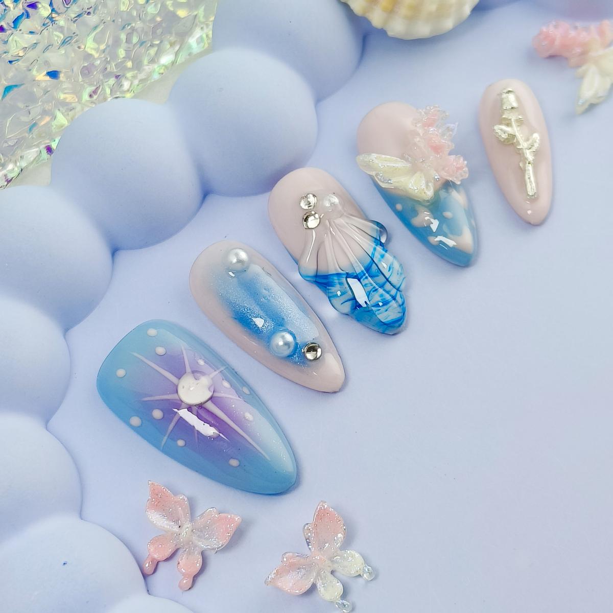 10pcs Summer Series Handmade Press-on nails Medium Almond Nails Hand drawn French Tips Fake nails Bundle 3D Butterfly Rose Free storage box jelly glue