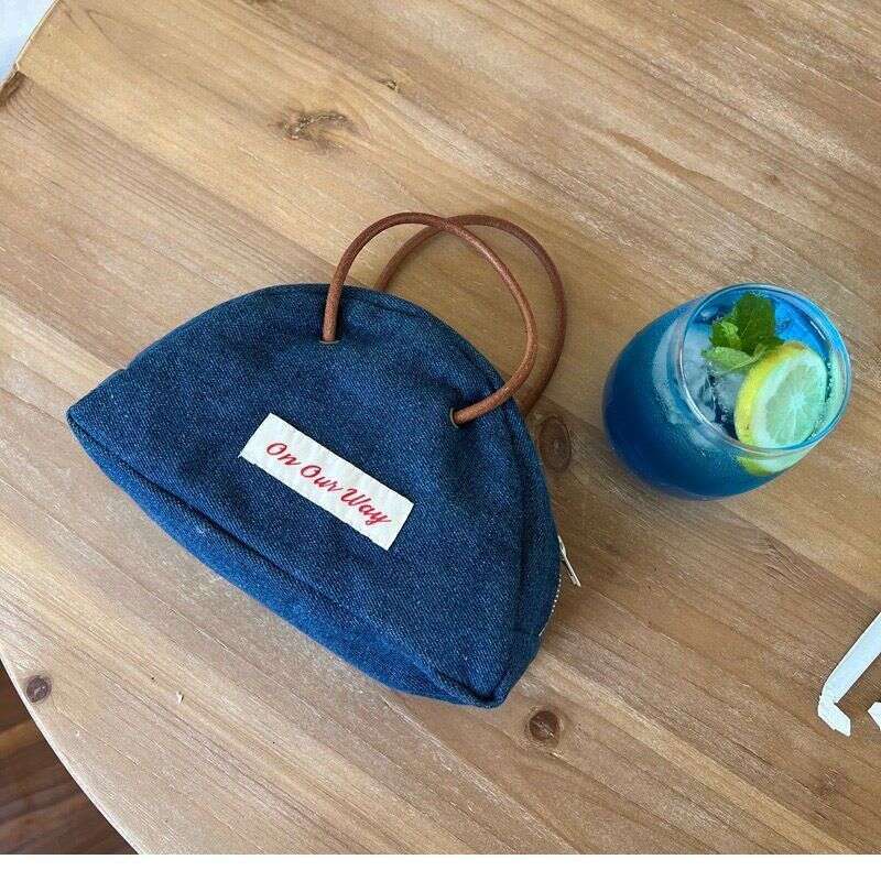Cute Niche Half-Round Leather Strap Handbag Zipper Storage Student Denim Tote Bag
