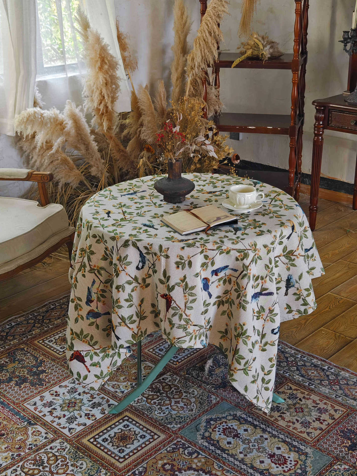 A664 American country retro tablecloth cotton linen style jacquard fabric flower and bird table cloth thickened coffee table cloth TV cabinet cover