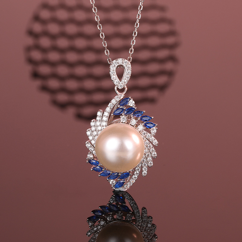 925 Sterling Silver Pearl Necklace with Blue Marquise Gemstone Pendant, Elegant and Minimalist Design for Women, Perfect for Everyday Wear