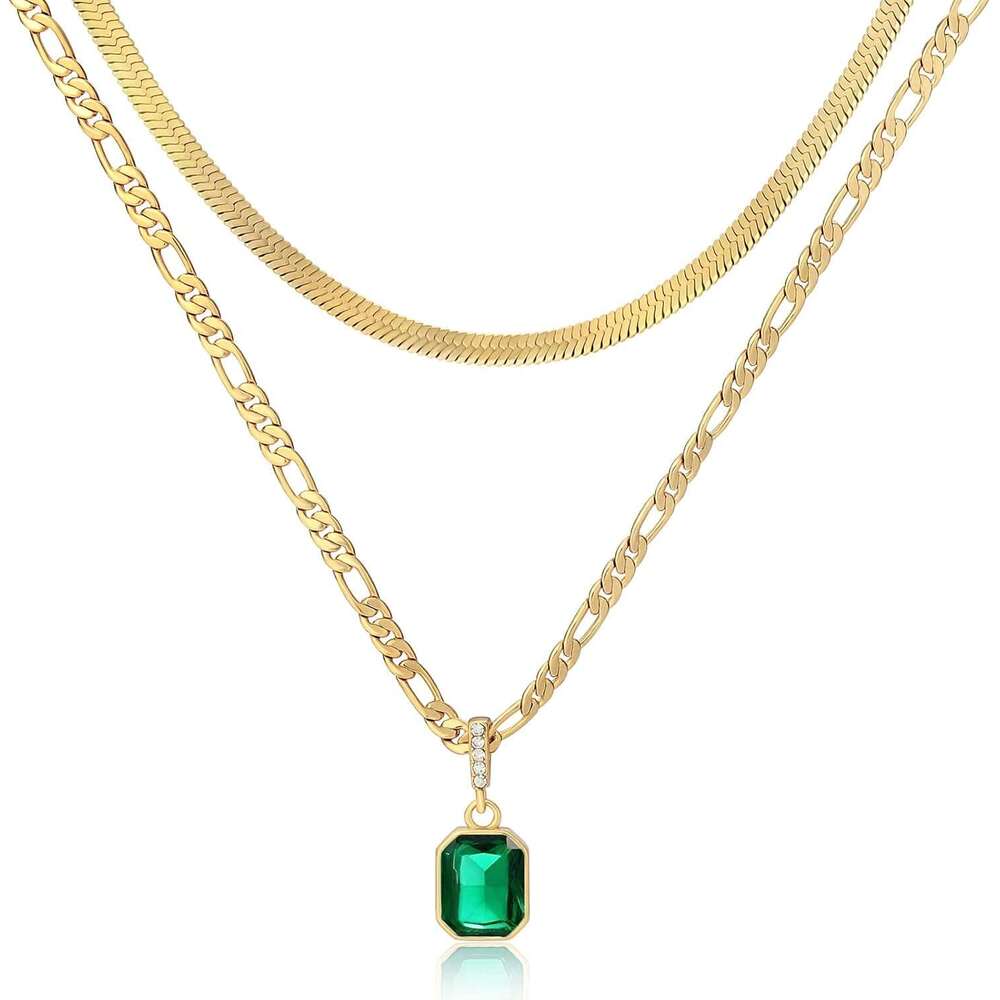 Women's gold gold-plated emerald pendant rectangular necklace, suitable for teenagers, layered necklace jewelry gift