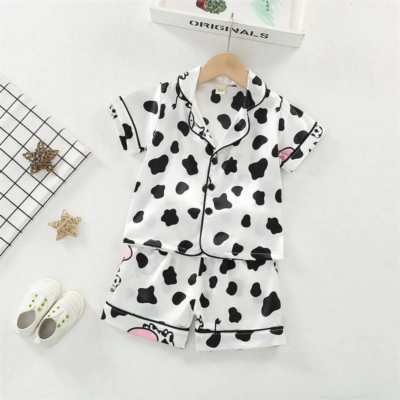 Boys Girls Kids Pajama Sets Cartoon Cow Short Sleeve TShirt Tops with Pants Toddler Baby Sleeping Clothes Pijamas Sleepwear 250517z