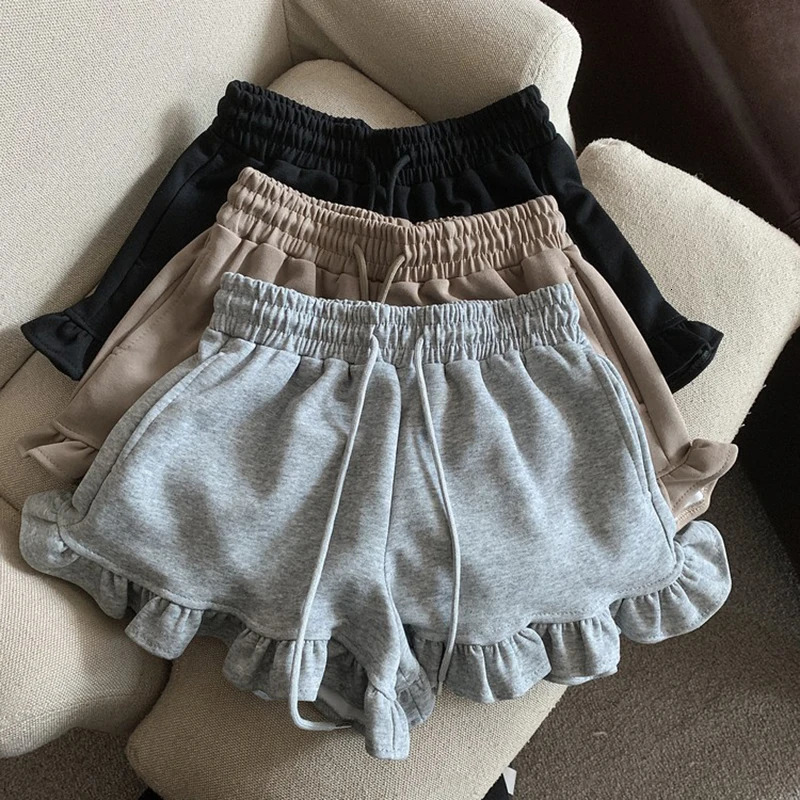 MEXZT Streetwear Black Shorts Women Fashion Ruffles Wide Leg Shorts Summer Korean High Waist Baggy Casual Sports Short Pants 250523