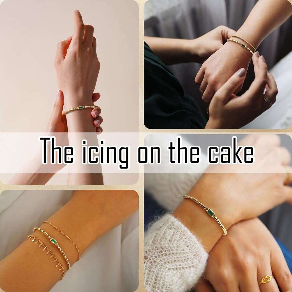 14K gold-plated birthstone bracelet, suitable women teenage girls, stackable exquisite jewelry, non color changing blue-green emerald, fashionable fri