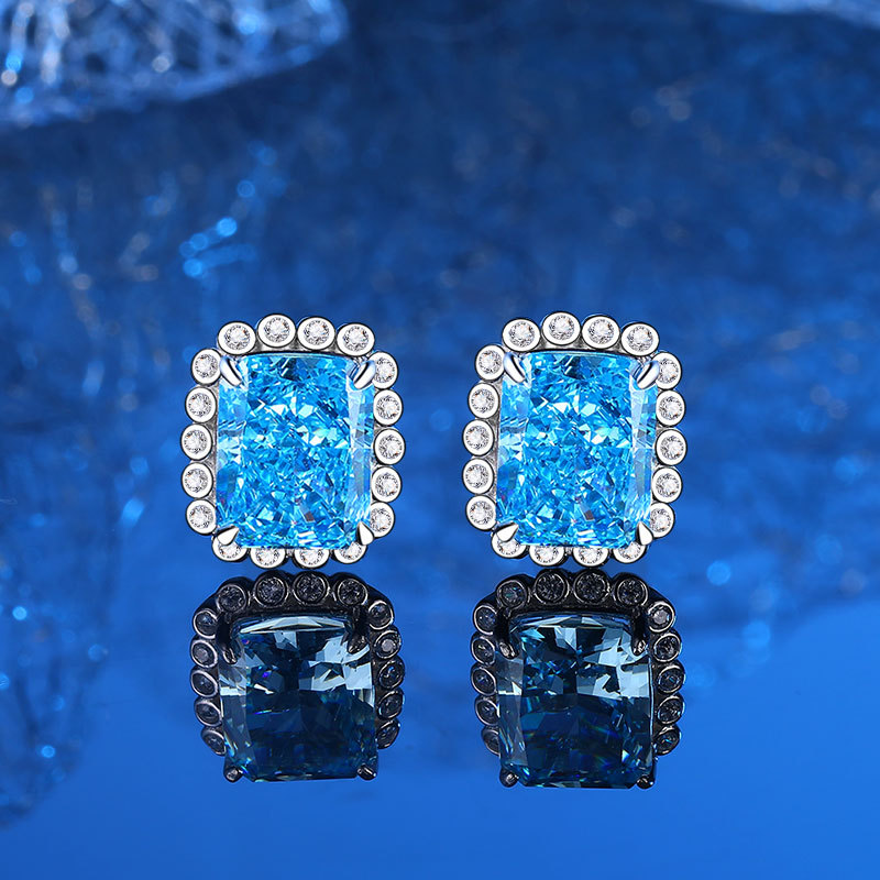 925 Sterling Silver Aqua Moissanite Jewelry Set with Necklace, Earrings, and Ring, High Carbon Diamonds for Women, Luxury Fashion Set