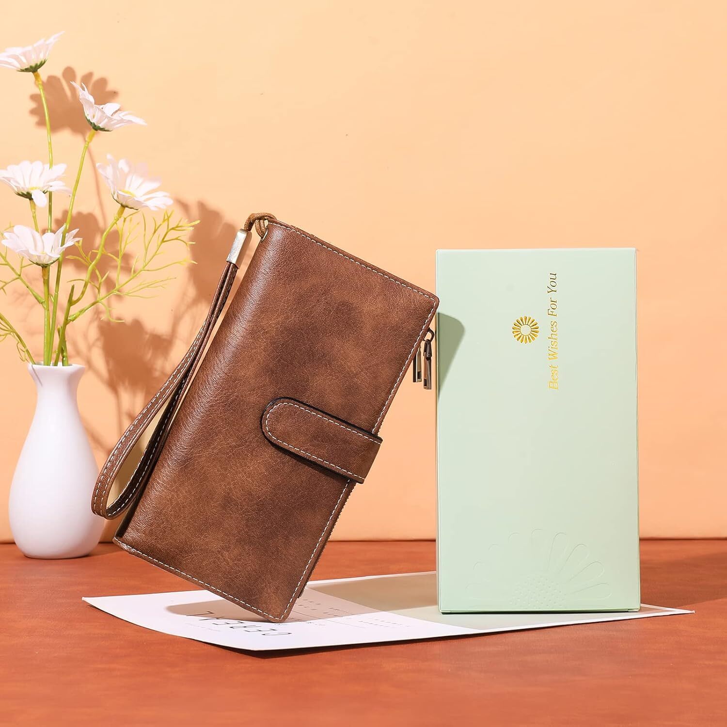 GOIACII Large Capacity Credit Card Clip RFID Wallet Zipper Pocket Leather Double Fold Women's Wristband Handbag, A01 Brown,