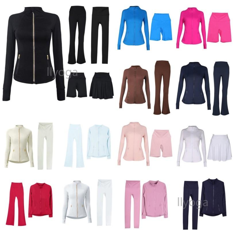 Workout Set Yoga Set Gold Zipper Jacket Shorts Leggings Flared Pants Womens Gym Ourtdoor Sports Jackets Slim Fit fitness Suit Workout Sweatshirt Jakets Tracksuit