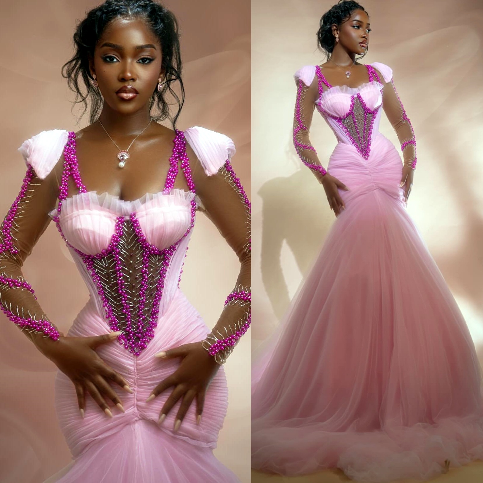 Pink Mermaid Prom Dresses 2025 Beaded Pearls Tulle Illusion Evening Formal Party Second Birthday Engagement Gowns Plus Size Dress For Special Occasion