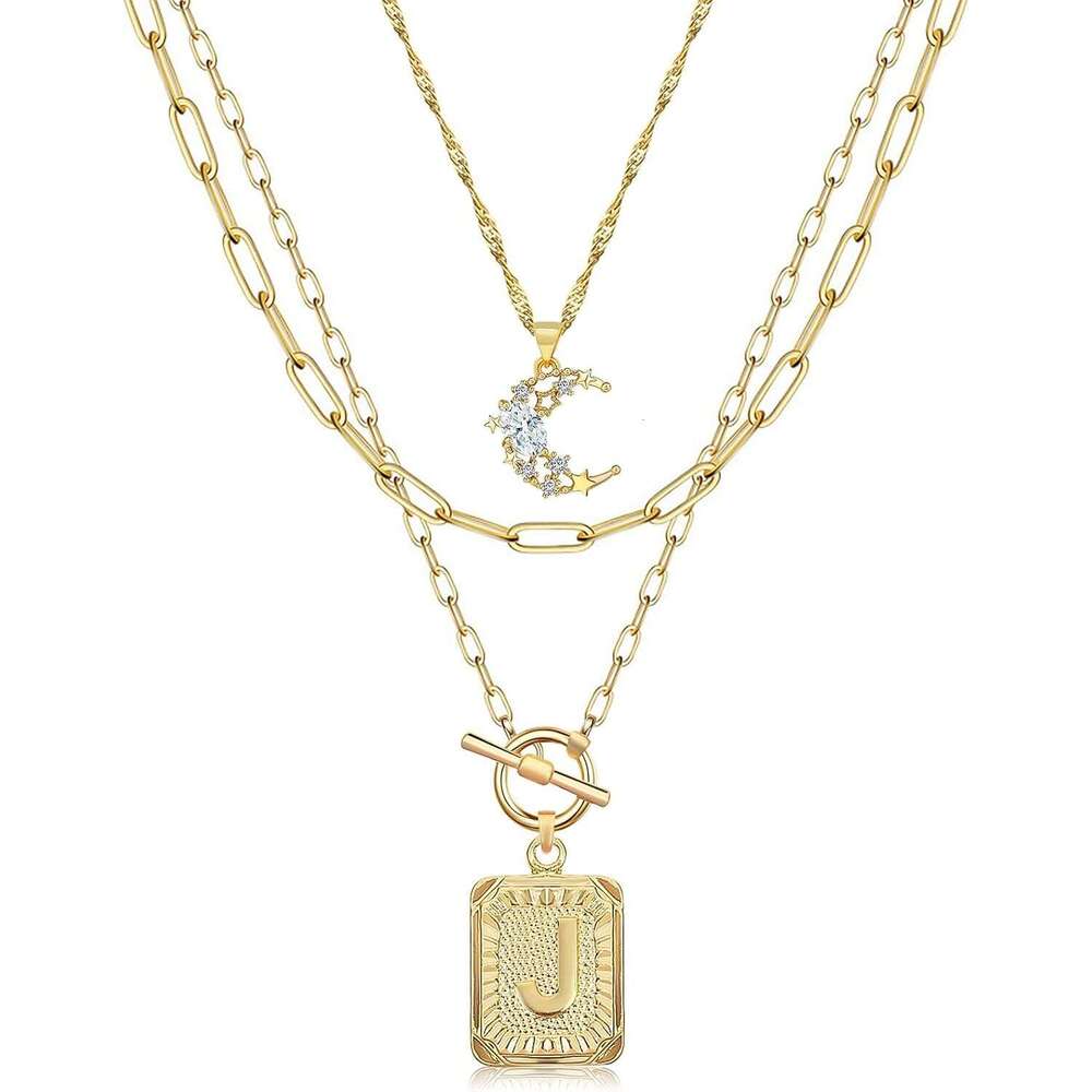 Layered Initial for Women Trendy, 14K Plated Simple Moon Choker Square Letter Pendant Paperclip Chain Necklace, Gold Necklaces Jewelry Gifts