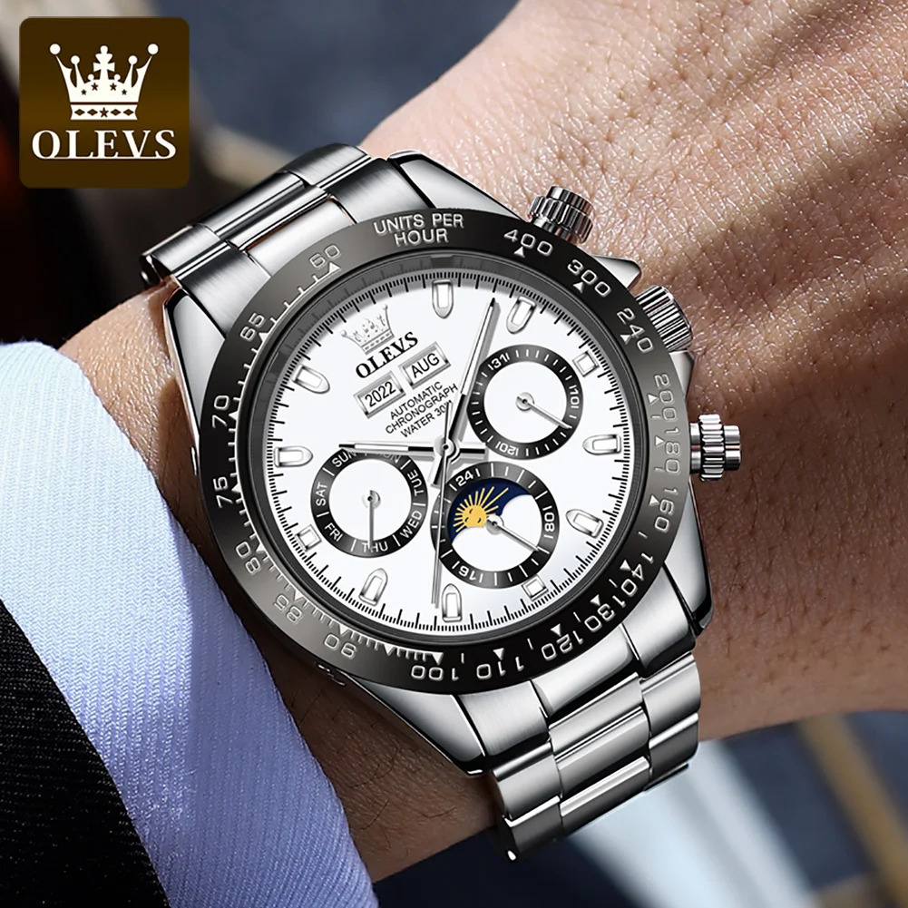 OLEVS 6654 Mens Watch Chronograph Automatic Mechanical Wristwatch Waterproof Luminous Top Watch for Man Date Sport 250603