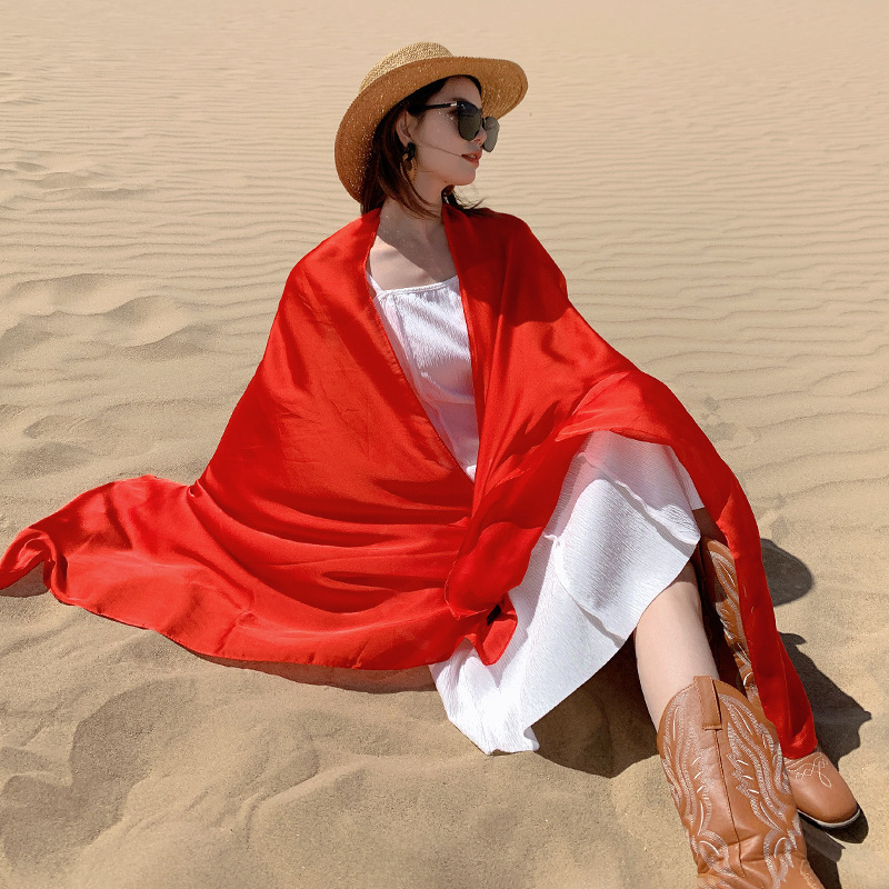 K830 Desert red silk scarf shawl female summer sun protection Tibet Sichuan travel outer skirt thin photo scarf