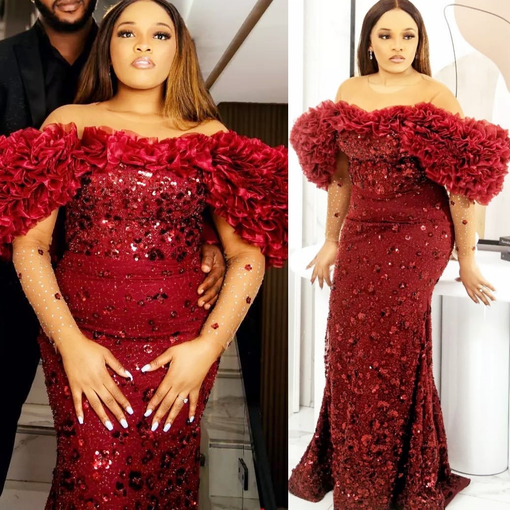 Burgundy Mermaid Prom Dresses 2025 Crystals Sequined Ruffles Evening Formal Party Second Birthday Engagement Gowns Plus Size Dress For Special Occasio