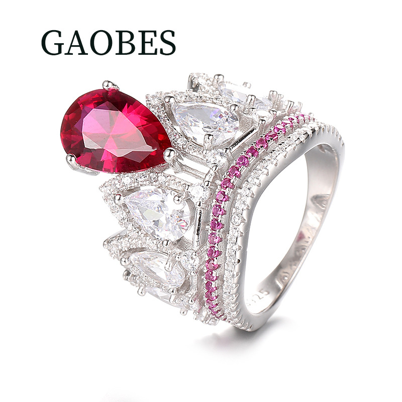 925 Sterling Silver Red Gemstone Ring with Diamonds, Luxury Jewelry for Engagement & Special Occasions