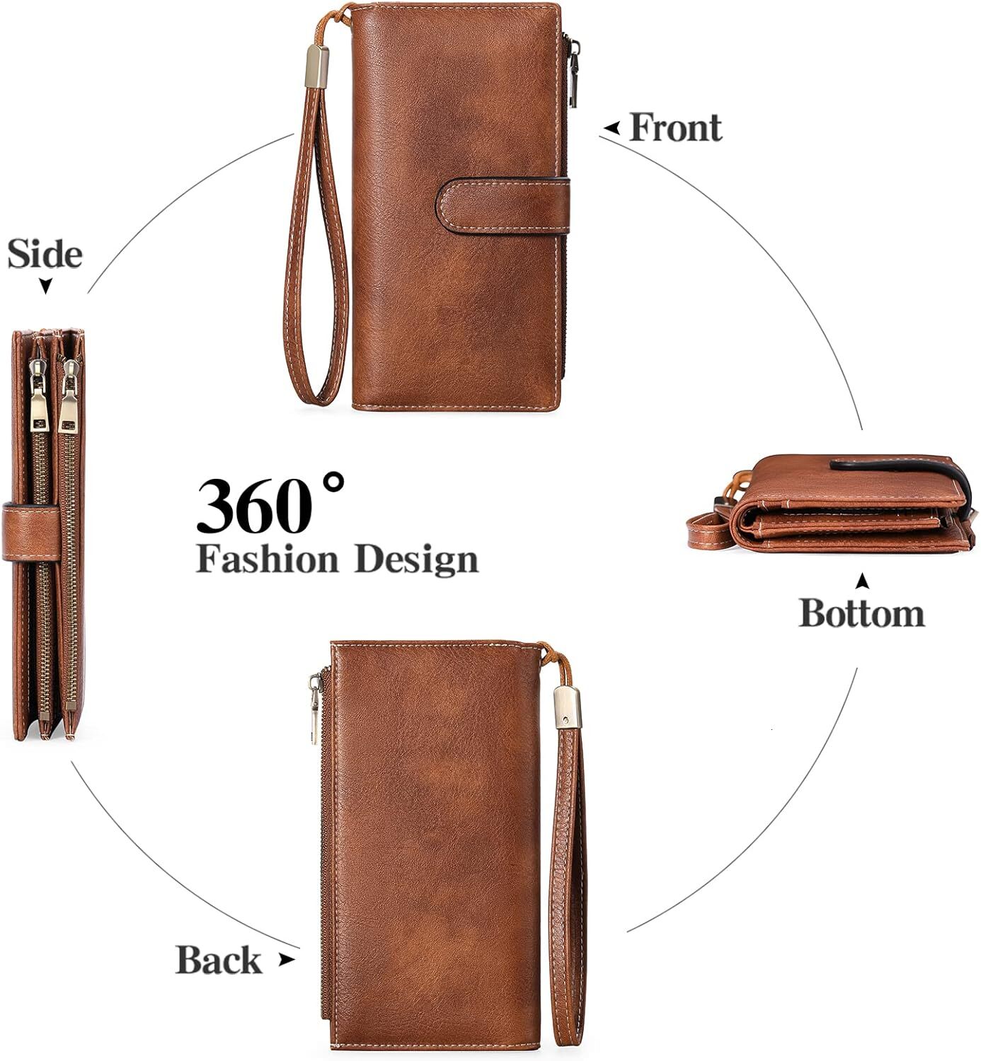 GOIACII Large Capacity Credit Card Clip RFID Wallet Zipper Pocket Leather Double Fold Women's Wristband Handbag, A01 Brown,