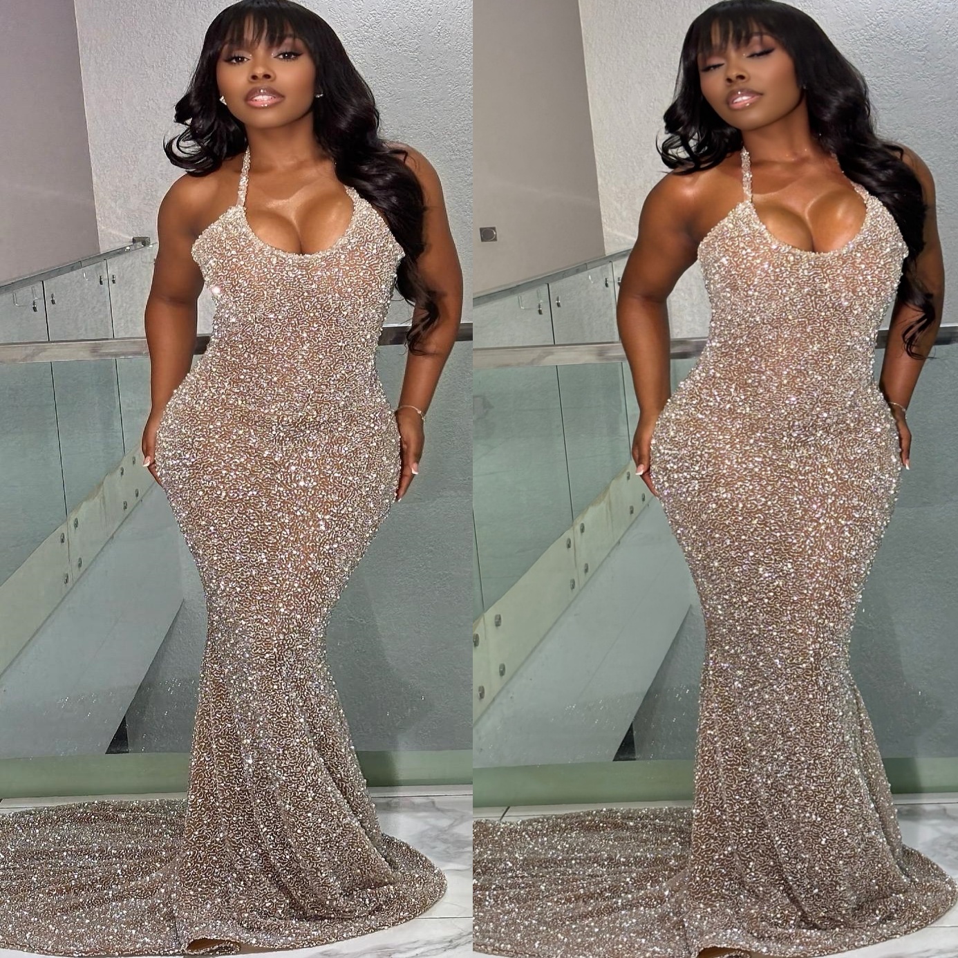 Champagne Mermaid Prom Dresses 2025 Illusion Halter Sequined Sparkly Evening Formal Party Second Birthday Engagement Gowns Plus Size Dress For Special