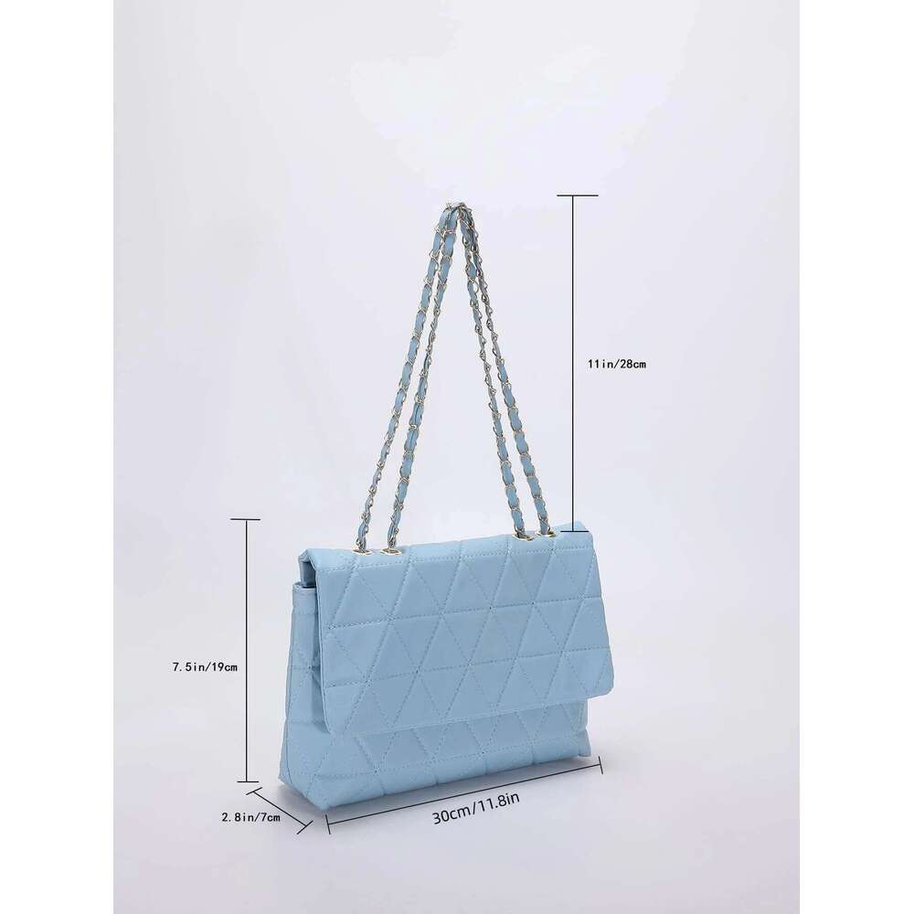Hot Selling Fashion Blue Pu Flap Golden Large Capacity Niche Geometric Handbag Women's Embroidery Thread Metal Chain Shoulder Bag Designer Bags
