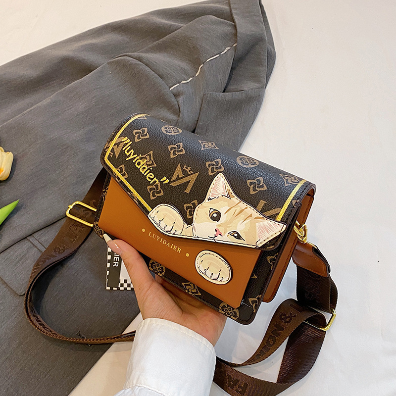 Free Shipping Designer Bag Women's Super Popular Trendy Handbag Fashionable Single Shoulder Crossbody Bag Cartoon Cat Wide Shoulder Strap Small S