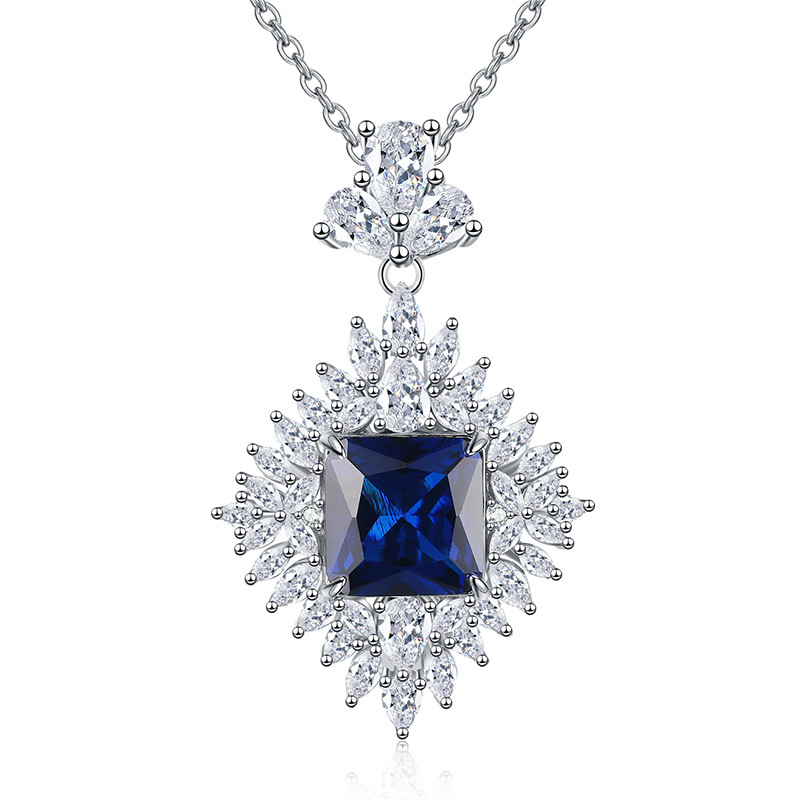 925 Sterling Silver Sapphire Pendant Necklace with Full Diamond Inlay, Luxury Fashion Jewelry for Women, High-End Design Necklace