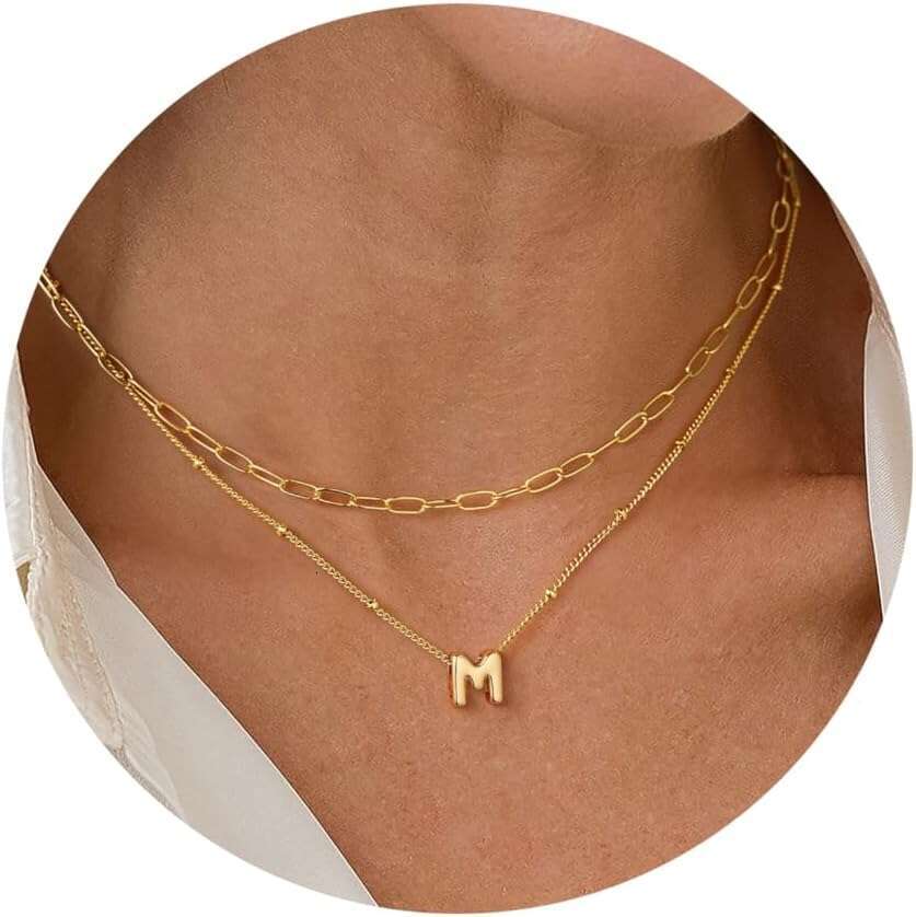 Personalized Bubble - Layered Small Pendant Exquisite Initial Letter Neck Chain, Paper Clip Chain Necklace for Women, Gold Jewelry