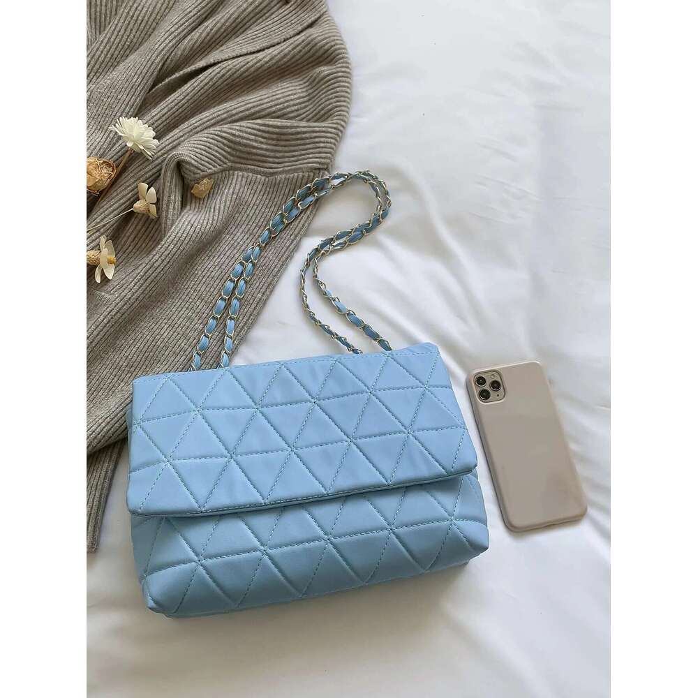 Hot Selling Fashion Blue Pu Flap Golden Large Capacity Niche Geometric Handbag Women's Embroidery Thread Metal Chain Shoulder Bag Designer Bags