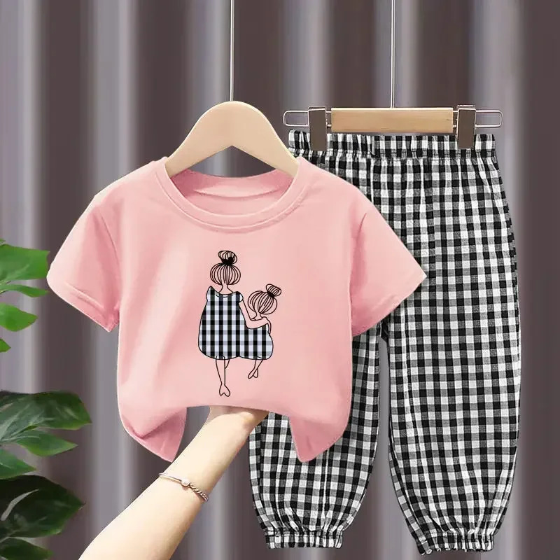 Childrens Clothing Sets Mother and Daughter Printed Shortsleeved Top Plaid Trousers Kids Clothes Girls 2 To 8 Years 250517z