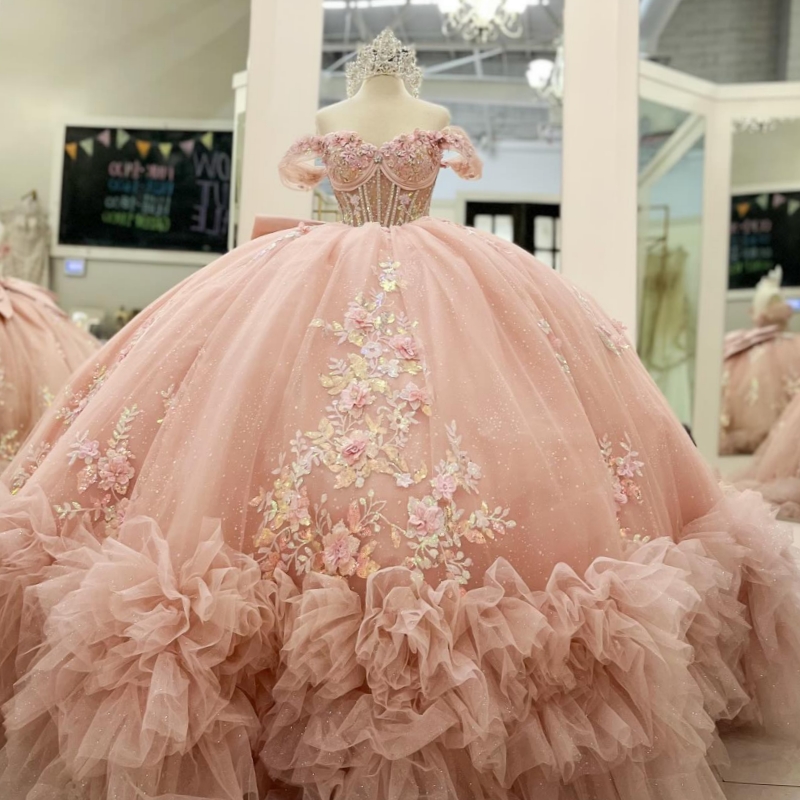 Pink Shiny Quinceanera Dresses Ball Gown Off The Shoulder Applique Flower Beading Tiered Tull Party Birthday Sweet 16 Dress vestido de 15 Anos