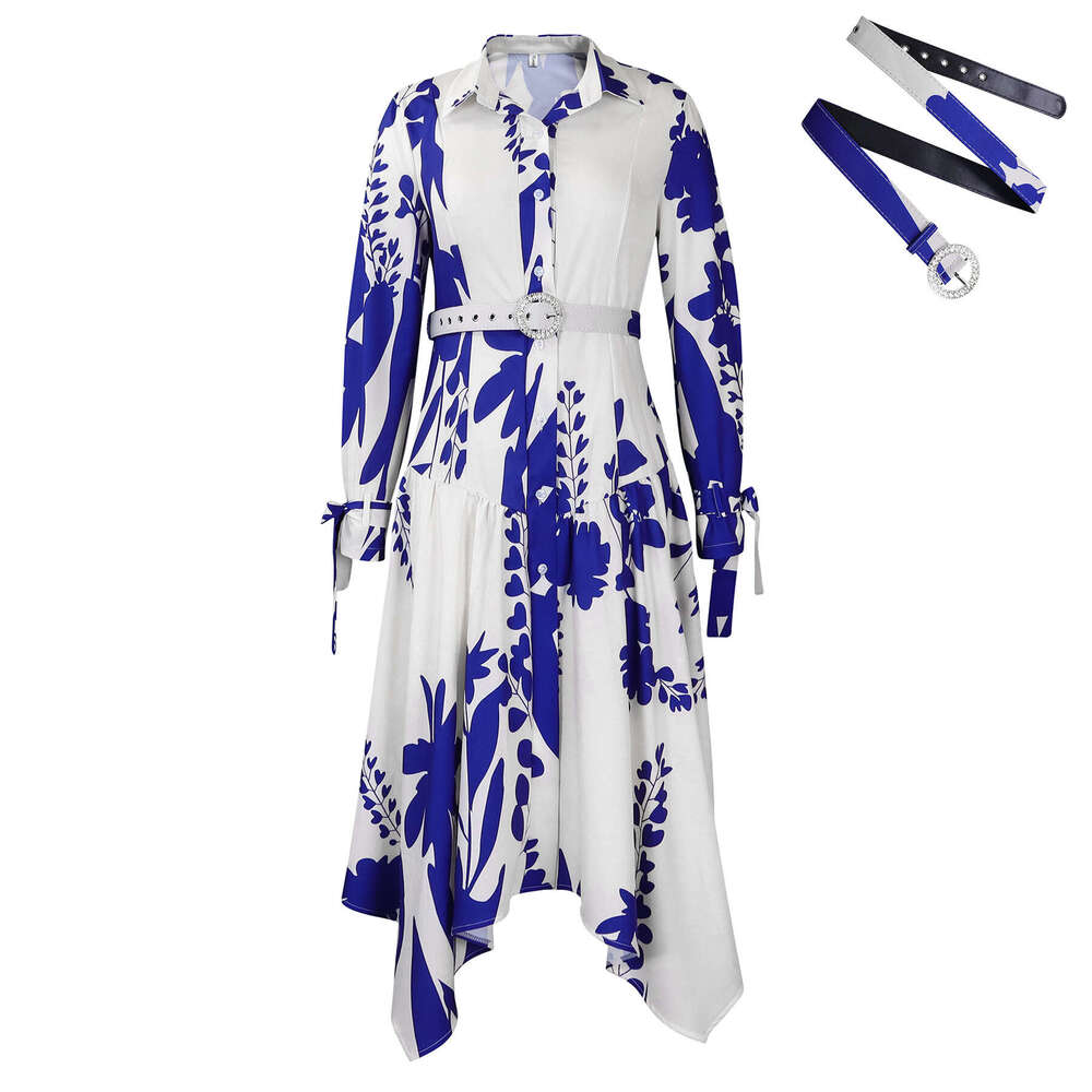 Maxi Dress D Large Women S New Temperament Printed Irregular Flip Neck Dress Floral Dress