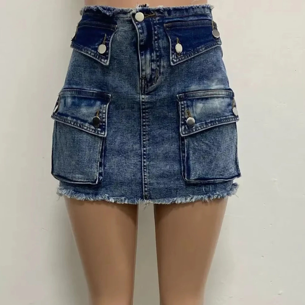 Denim Skirt Women Vintage Frayed Tassels High Waist Streetwear 2025 Mom Jeans Bodycon Multiple Pockets Female Sexy Mini Skirts 250516Z