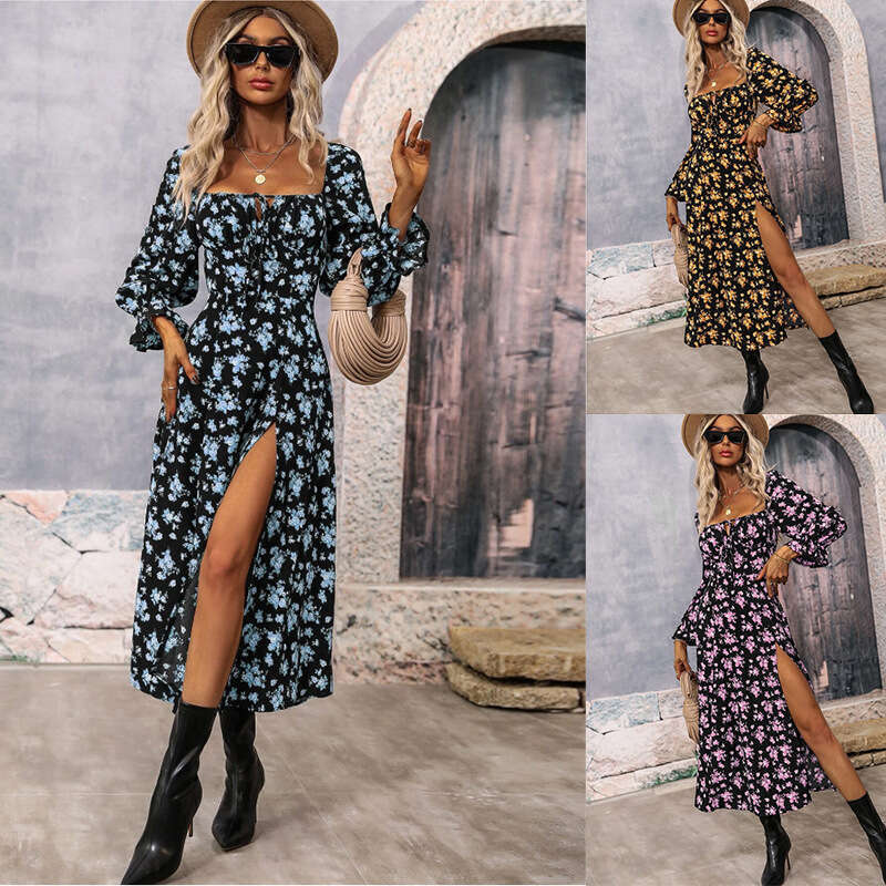 Maxi Dress Spring Autumn New Printed Long Sleeve Bohemian Dress With Bareback Floral Dress