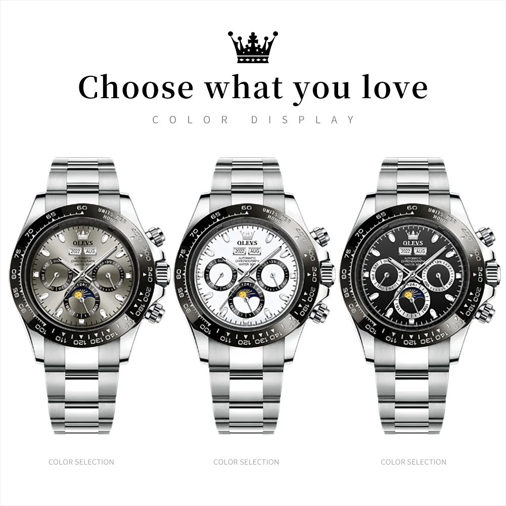 OLEVS 6654 Mens Watch Chronograph Automatic Mechanical Wristwatch Waterproof Luminous Top Watch for Man Date Sport 250603