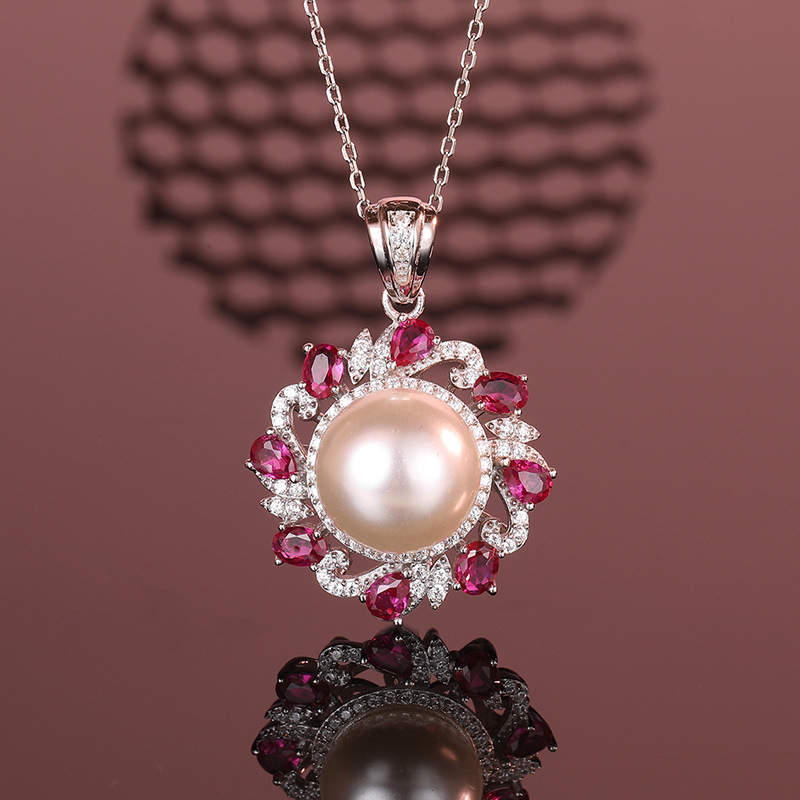 925 Sterling Silver Pearl Pendant Necklace, Women's Creative Design with Full Diamond and Ruby Accents, Elegant Jewelry for Parties, Perfect Gift