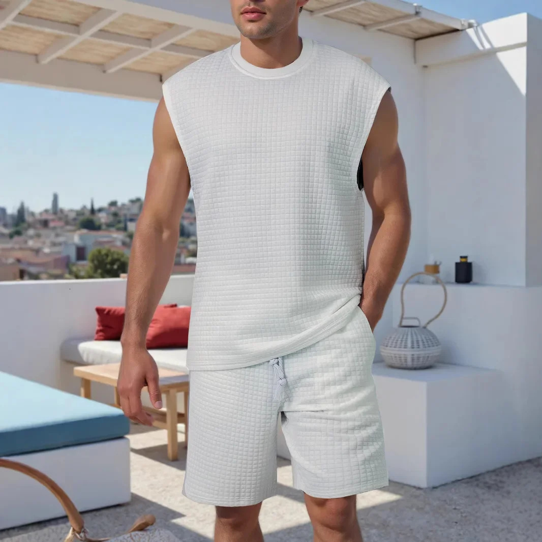 sleeveless small checkered vest and shorts twopiece set crossborder sports leisure solid color mens suit 250614