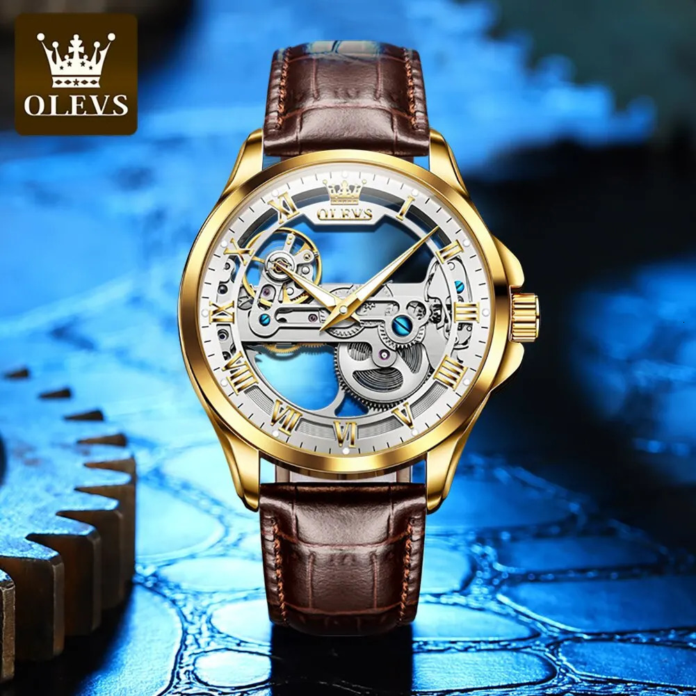 OLEVS Men Watches Automatic Mechanical Wristwatch Skeleton Waterproof Leather Strap Male Watch Reloj Hombre 250603