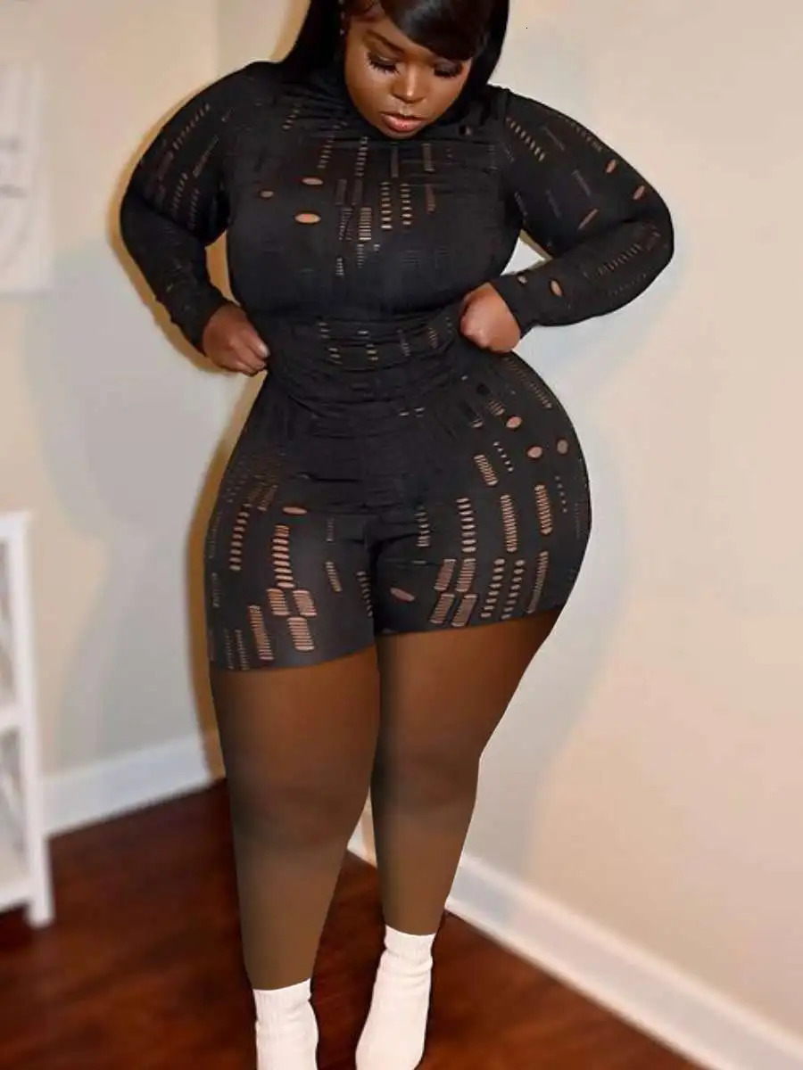 LW Plus Size Shorts Set Pierced Stretchy Sexy Women Casual O Neck Sheath Summer Vestidos Matching Outfits 250513Z