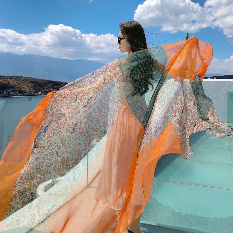 K823 Beach skirt seaside shawl 2024 new women's thin sunscreen outer wear ethnic style travel with skirt scarf silk