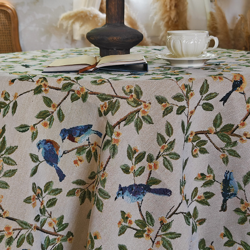 A664 American country retro tablecloth cotton linen style jacquard fabric flower and bird table cloth thickened coffee table cloth TV cabinet cover